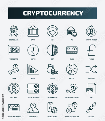 set of 25 special lineal cryptocurrency icons. outline icons such as best seller, bank, crypto invest, tor, loan, ripple, crypto records, ico, oil economy, proof of capacity line icons.