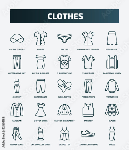 set of 25 special lineal clothes icons. outline icons such as cat eye glasses, blouse, peplum skirt, t shirt with de, jumpsuit, pegged pants, chiffon dress, blazer, draped top, leather derby shoe