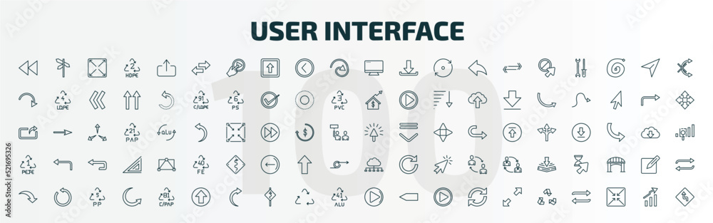 set of 100 special lineal user interface icons set. outline icons such as rewind, opposite directions, display, mouse clicker, 1 pete, cloud with connection, curve arrow, up arrow fold button, right