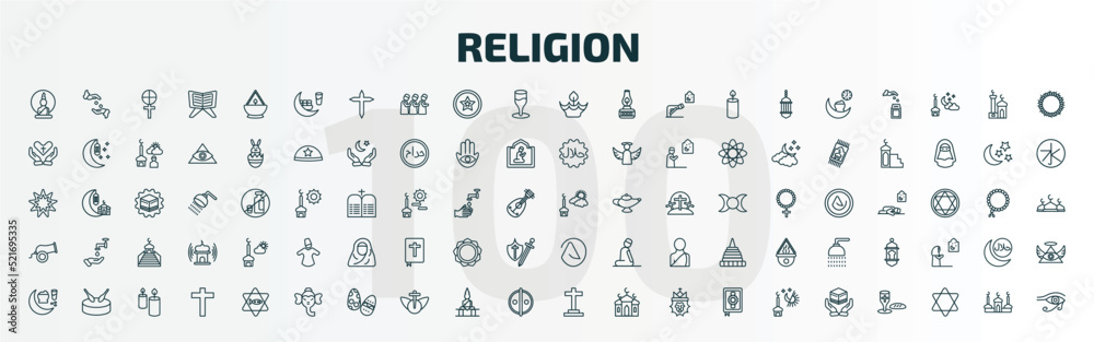 set of 100 special lineal religion icons set. outline icons such as buddha, fasting, diwali, ramadan sunrise, eyd gun, atheism, ramadan fasting, ganesha, christianity, vigil line icons. set of 100 special lineal religion icons set. outline icons such as buddha, fasting, diwali, ramadan sunrise, eyd gun, atheism, ramadan fasting, ganesha, christianity, vigil line icons.
