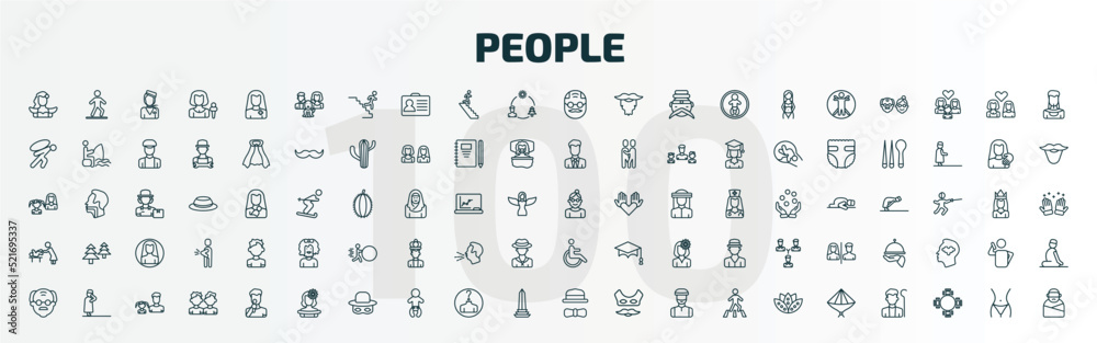 set of 100 special lineal people icons set. outline icons such as spanish woman, man girl and dog, elder, old woman, babysitter and child, handicapped, old man, mexican woman, elegant, vietnamese
