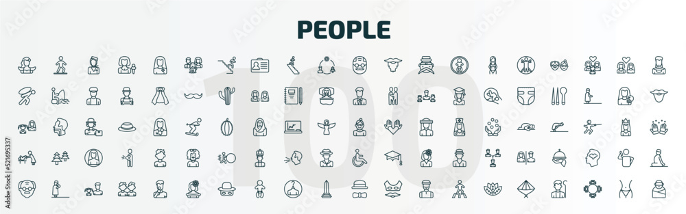 set of 100 special lineal people icons set. outline icons such as spanish woman, man girl and dog, elder, old woman, babysitter and child, handicapped, old man, mexican woman, elegant, vietnamese set of 100 special lineal people icons set. outline icons such as spanish woman, man girl and dog, elder, old woman, babysitter and child, handicapped, old man, mexican woman, elegant, vietnamese
