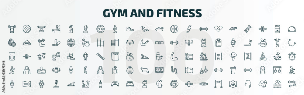 set of 100 special lineal gym and fitness icons set. outline icons such as barbell bench press, boxing mannequin, rowing hine, vegetables juice, stretching leg exercise, locker, fitness watch,
