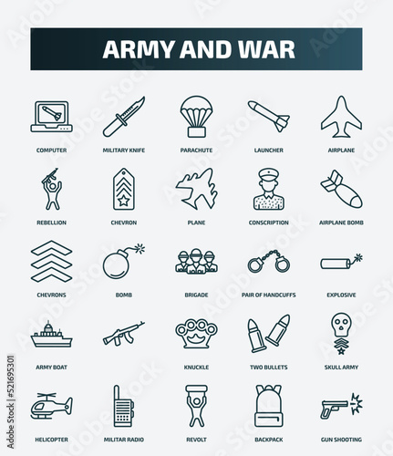 set of 25 special lineal army and war icons. outline icons such as computer, military knife, airplane, plane, chevrons, pair of handcuffs, , skull army, revolt, backpack line icons.
