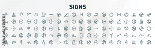 set of 100 special lineal signs icons set. outline icons such as u turn, gas station, bridge, landslide, gambling, smarthphone, death, disability, no entry, because line icons.