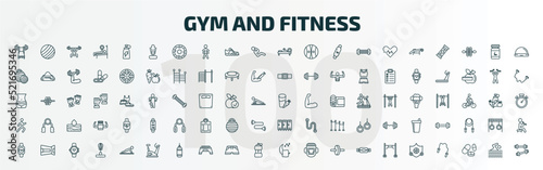 set of 100 special lineal gym and fitness icons set. outline icons such as barbell bench press, boxing mannequin, rowing hine, vegetables juice, stretching leg exercise, locker, fitness watch,