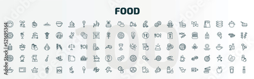 set of 100 special lineal food icons set. outline icons such as calories, warm cup and plate, tea ceremony, spices, red bean soup, sour soup, hotdog and bread, fresh smoothie, pretzel, chop line