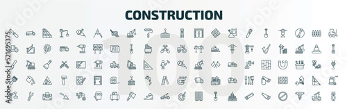 set of 100 special lineal construction icons set. outline icons such as chisel, drawing compass, big clippers, angle grinder, sand brush, vise, derrick with boxes, welding, pallete, big saw line
