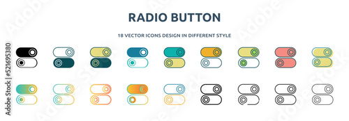 radio button icon in 18 different styles such as thin line, thick line, two color, glyph, colorful, lineal color, detailed, stroke and gradient. set of radio button vector for web, mobile, ui