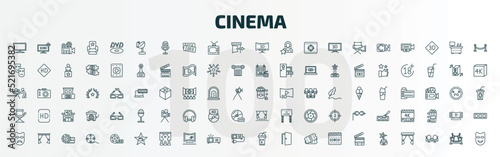 set of 100 special lineal cinema icons set. outline icons such as flat tv, satellite tv dish, 3 dimension screen, popcorn bag, director film chair, cinema screen, sad mask, cinema celebrity, take photo