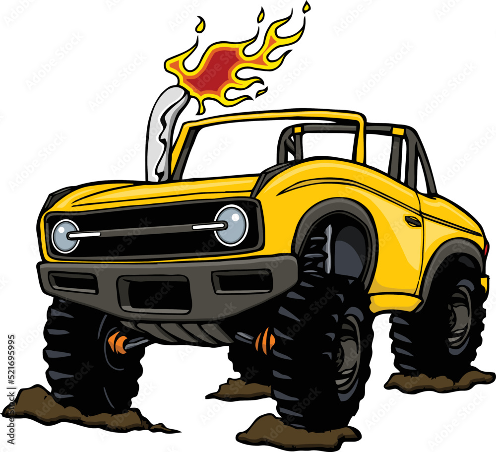 cartoon 4x4 suv with open top and muddy tires