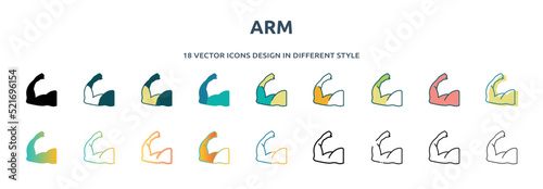 arm icon in 18 different styles such as thin line, thick line, two color, glyph, colorful, lineal color, detailed, stroke and gradient. set of arm vector for web, mobile, ui