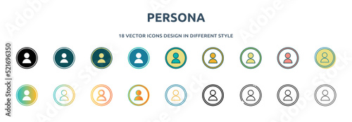 persona icon in 18 different styles such as thin line, thick line, two color, glyph, colorful, lineal color, detailed, stroke and gradient. set of persona vector for web, mobile, ui
