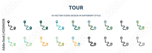 tour icon in 18 different styles such as thin line, thick line, two color, glyph, colorful, lineal color, detailed, stroke and gradient. set of tour vector for web, mobile, ui