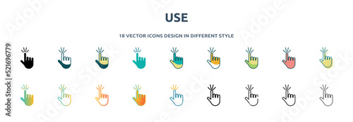 use icon in 18 different styles such as thin line, thick line, two color, glyph, colorful, lineal color, detailed, stroke and gradient. set of use vector for web, mobile, ui