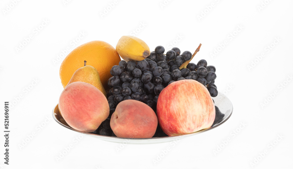 platter with fruits and grapes isolated on white background platter with fruits and grapes isolated on white background