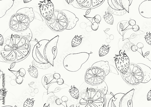 A painted fruit background of different fruits and berries.