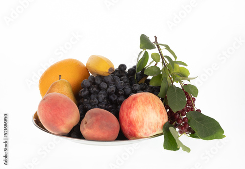 Fototapeta Naklejka Na Ścianę i Meble -  platter with fruits and grapes isolated on white background