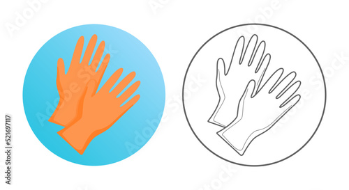 Gloves icon. Cleaning equipment, tools and chemistry. Colorful and outlined icon in circle. Vector illustration isolated on white.