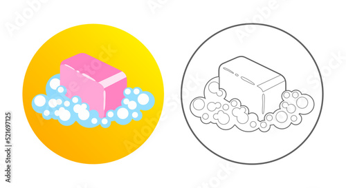 Soap icon with bubbles. Cleaning equipment, tools and chemistry. Colorful and outlined icon in circle. Vector illustration isolated on white.