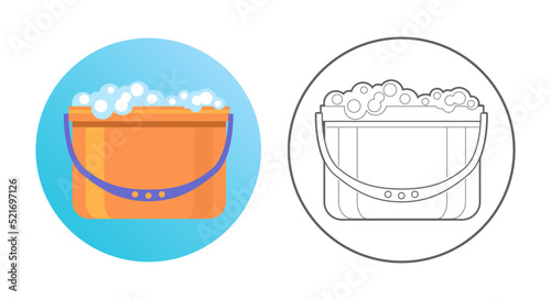 Pail icon. Cleaning equipment, tools and chemistry. Colorful and outlined icon in circle. Vector illustration isolated on white.