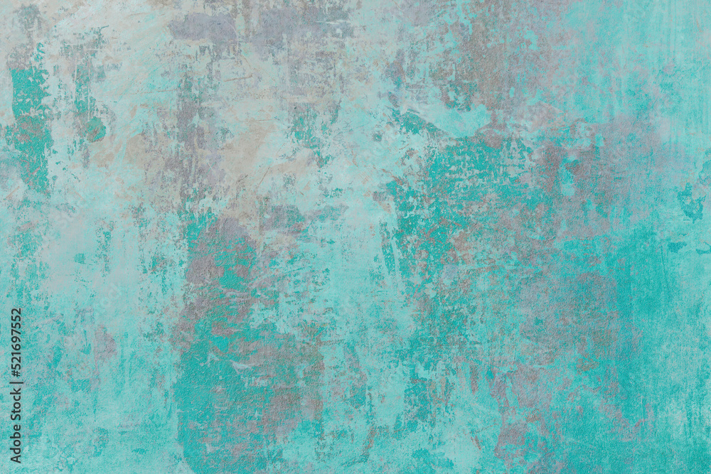 Old wall with distressed aquamarine paint grunge backgrund