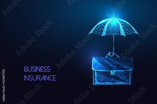 Business insurance concept with briefcase and protective umbrella in futuristic glowing style