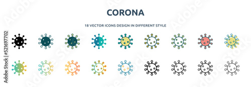 corona icon in 18 different styles such as thin line, thick line, two color, glyph, colorful, lineal color, detailed, stroke and gradient. set of corona vector for web, mobile, ui photo