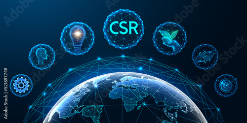 Corporate social responsibility CSR concept in futuristic glowing low polygonal style on dark blue  photo
