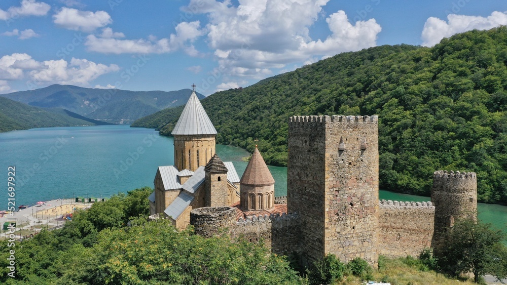 Panoramic view of Anauri fortified castle in the Georgian military road, country of Georgia. 