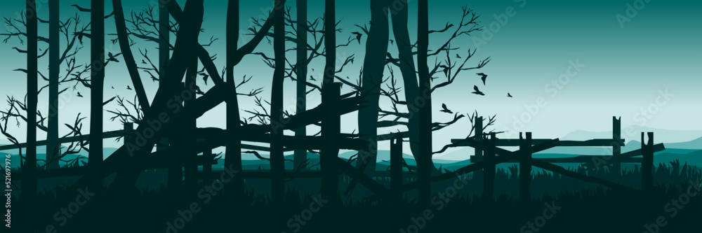 dead forest landscape with broken fence silhouette good for wallpaper, background, backdrop, banner, web, nature, adventure and template
