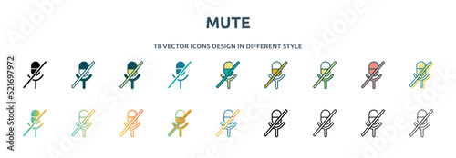 mute icon in 18 different styles such as thin line, thick line, two color, glyph, colorful, lineal color, detailed, stroke and gradient. set of mute vector for web, mobile, ui