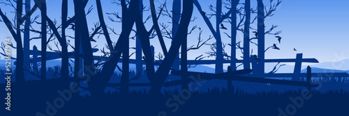 dead forest landscape with broken fence silhouette good for wallpaper, background, backdrop, banner, web, nature, adventure and template