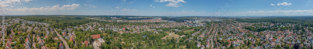 Extra wide panorama of Stuttgart Vaihingen, Rohr, Dürlewang and Möhringen, Germany, Wide view over houses, roofs, churches and buildings on a sunny summer day