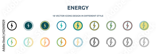 energy icon in 18 different styles such as thin line, thick line, two color, glyph, colorful, lineal color, detailed, stroke and gradient. set of energy vector for web, mobile, ui
