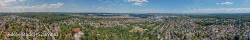 Extra wide panorama of Stuttgart Vaihingen, Rohr, Dürlewang and Möhringen, Germany, Wide view over houses, roofs, churches and buildings on a sunny summer day