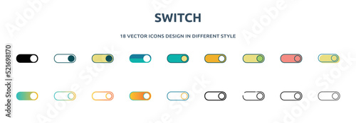 switch icon in 18 different styles such as thin line, thick line, two color, glyph, colorful, lineal color, detailed, stroke and gradient. set of switch vector for web, mobile, ui