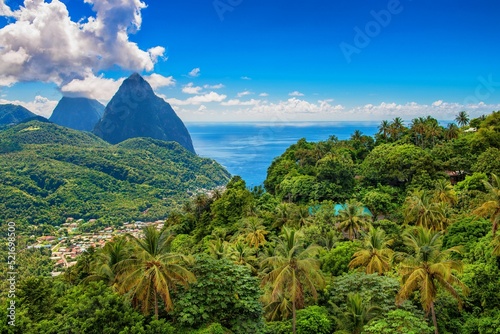 Fototapeta Naklejka Na Ścianę i Meble -  St. Lucia island with green hills, rocks, and tropical forests near the sea, the Caribbean