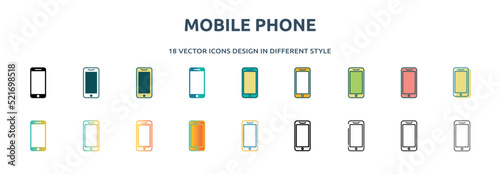 mobile phone icon in 18 different styles such as thin line, thick line, two color, glyph, colorful, lineal color, detailed, stroke and gradient. set of mobile phone vector for web, mobile, ui