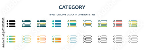 category icon in 18 different styles such as thin line, thick line, two color, glyph, colorful, lineal color, detailed, stroke and gradient. set of category vector for web, mobile, ui