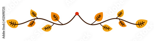Hand drawn autumn divider. Decorative vector line with leaves and seasonal berries. Doodle ornate tree branch