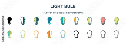 light bulb icon in 18 different styles such as thin line, thick line, two color, glyph, colorful, lineal color, detailed, stroke and gradient. set of light bulb vector for web, mobile, ui