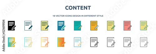 content icon in 18 different styles such as thin line, thick line, two color, glyph, colorful, lineal color, detailed, stroke and gradient. set of content vector for web, mobile, ui