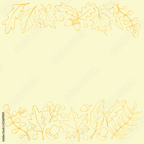 Autumn background with space and border of leaves, mushrooms, acorns, berries on edges. For invitation, ending, frame, children's print. Theme is forest, happy fall, thanksgiving