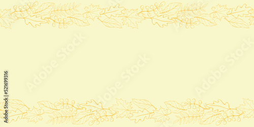 Vector background, frame made of brown outline autumn leaves on edges. Horizontal top and bottom edging, border, decoration for seasonal design, thanksgiving theme and happy fall
