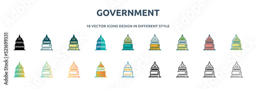 government icon in 18 different styles such as thin line, thick line, two color, glyph, colorful, lineal color, detailed, stroke and gradient. set of government vector for web, mobile, ui