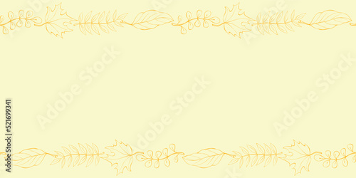 Vector background, frame made of brown outline autumn leaves on edges. Horizontal top and bottom edging, border, decoration for seasonal design, thanksgiving theme and happy fall