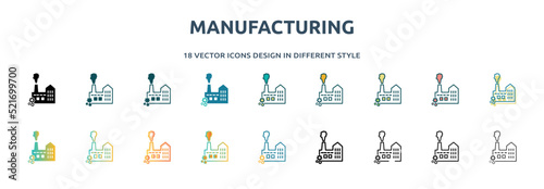 manufacturing icon in 18 different styles such as thin line, thick line, two color, glyph, colorful, lineal color, detailed, stroke and gradient. set of manufacturing vector for web, mobile, ui