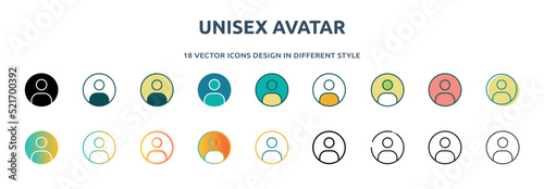 unisex avatar icon in 18 different styles such as thin line, thick line, two color, glyph, colorful, lineal color, detailed, stroke and gradient. set of unisex avatar vector for web, mobile, ui