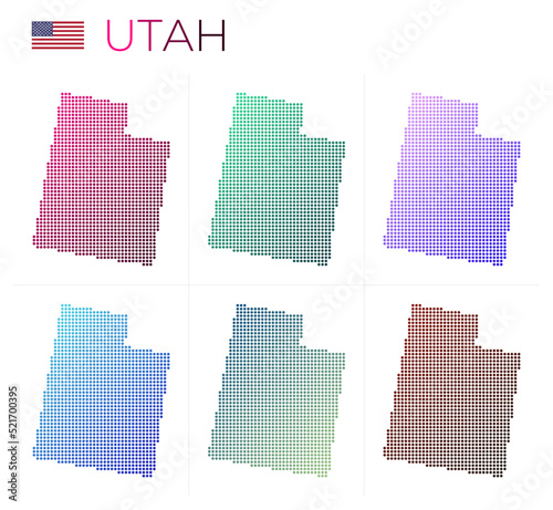 Utah dotted map set. Map of Utah in dotted style. Borders of the us state filled with beautiful smooth gradient circles. Powerful vector illustration.